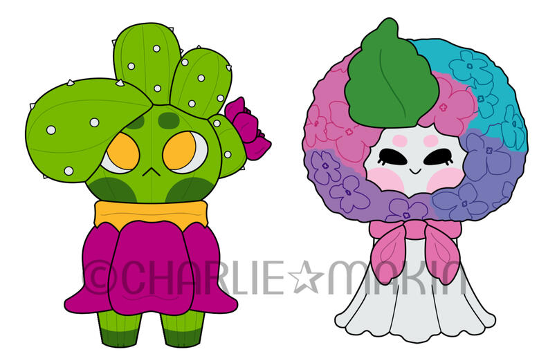 Cactus Kid + TeruTeru Hanabana colored lineart (original character designs for art toys) ©CharlieMakinToys