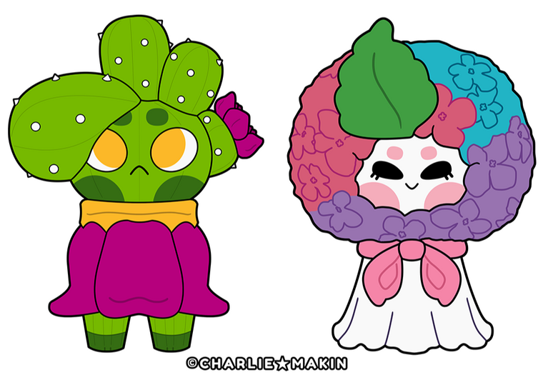 Cactus Kiddo + Teruteru Hanabana digital colored lineart (original character designs for art toys) ©CharlieMakinToys